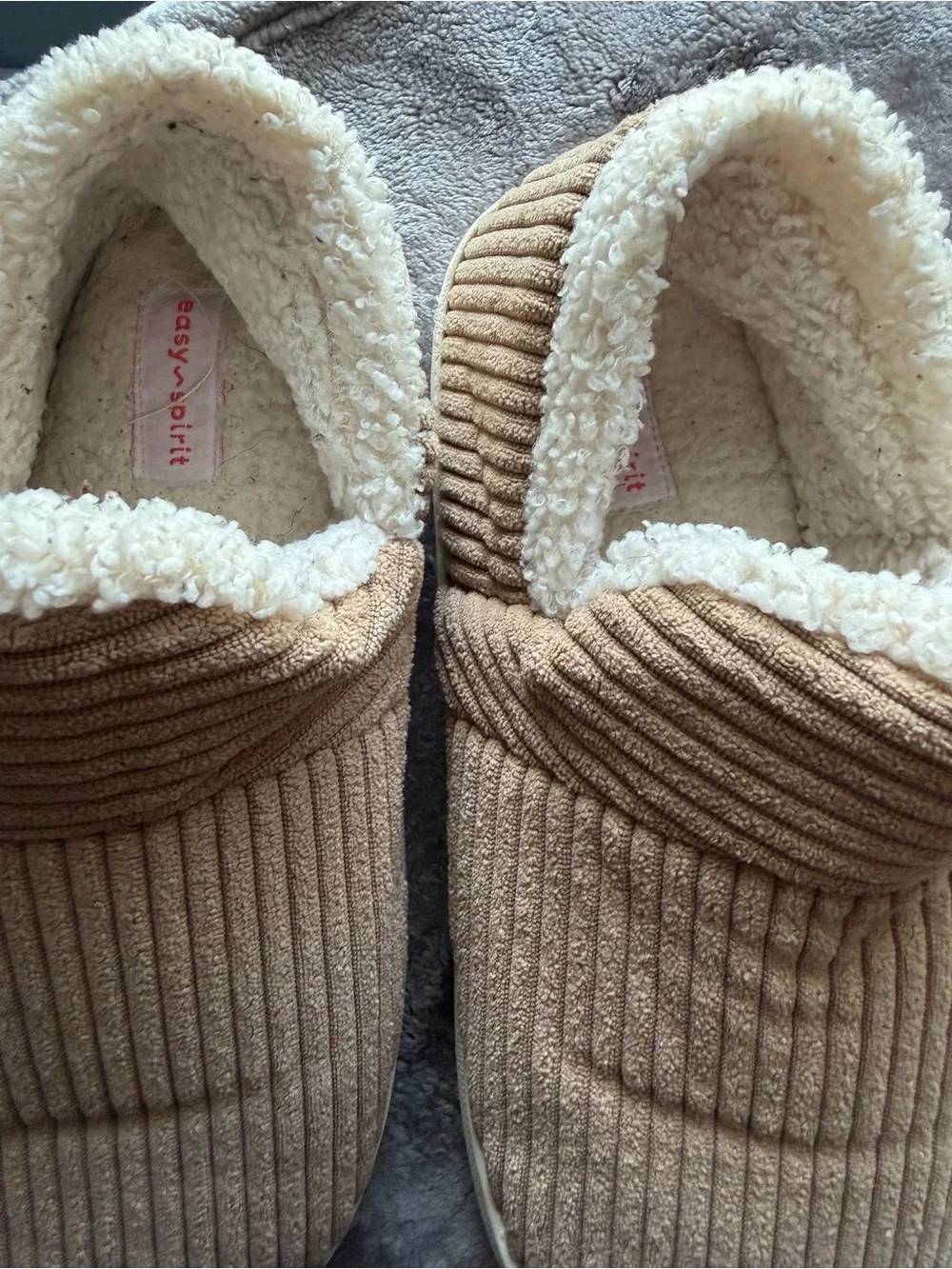 Easy Spirit Ribbed Slip-On Slippers in Light Brown with Faux Shearling